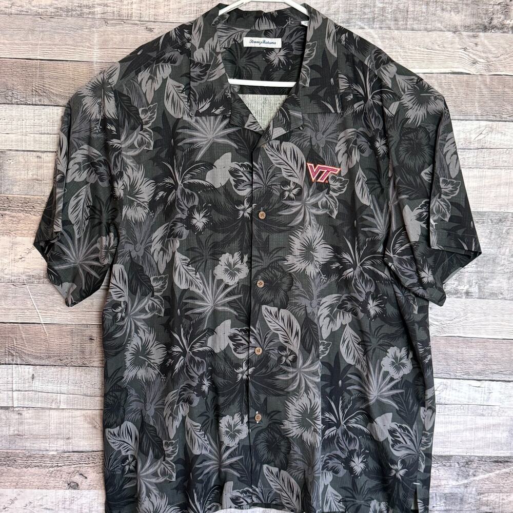 Tommy Bahama Virigina Tech Hokies Silk Hawaiian Camp Shirt Mens 2XL Gray